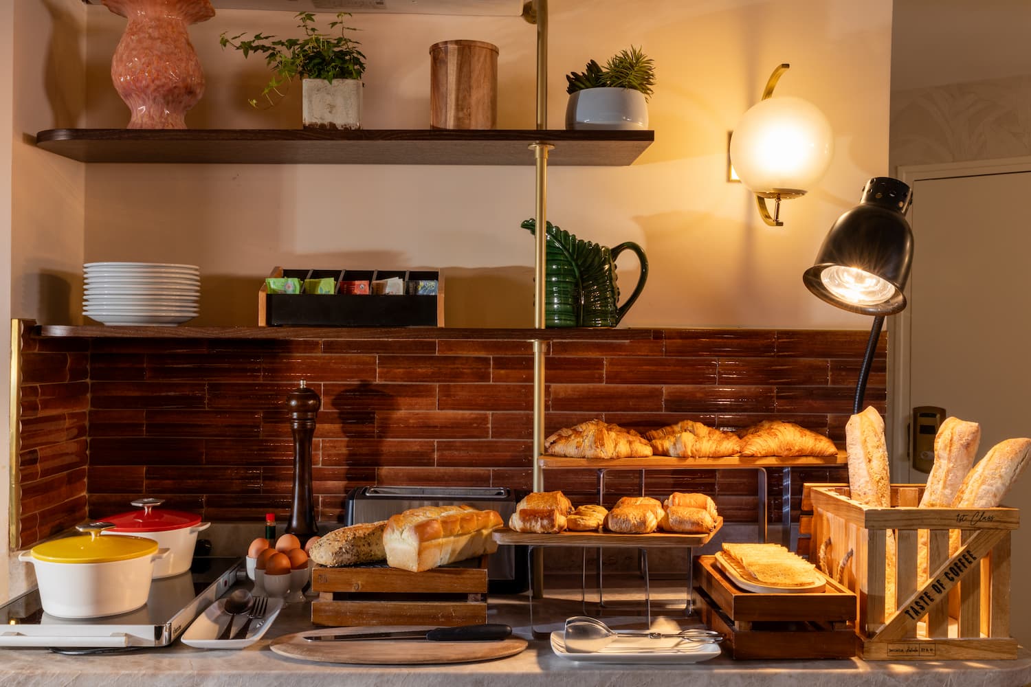 hotel in paris saint-germain-des-pres | breakfast buffet bread and pastries | hotel des 2 continents