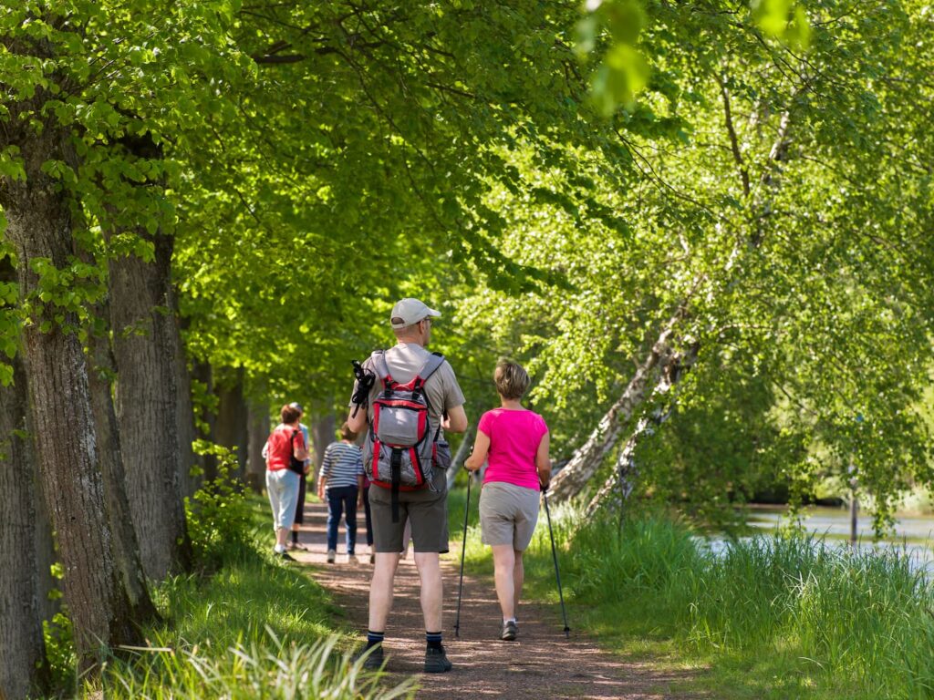 Séjour calme à Paris - randonnée dans le bois. Nous observons des randonneurs marcher sous les arbres, le long d'un lac.
