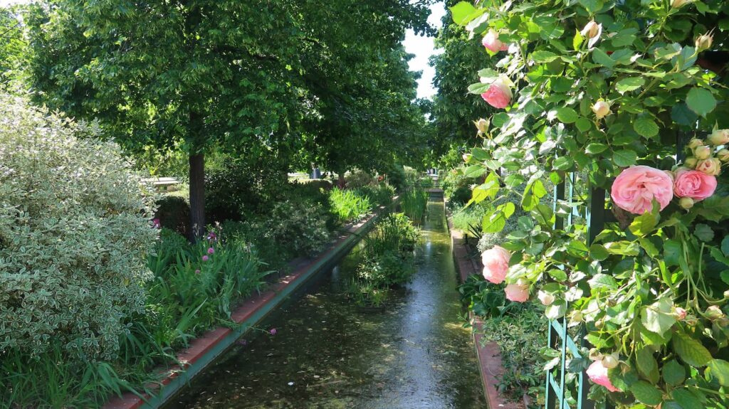 Séjour calme à Paris - La Coulée Verte. Nous apercevons un petit bassin entourée de verdure : arbres, herbes sauvages, roses. Tout y est pour une promenade reposante.